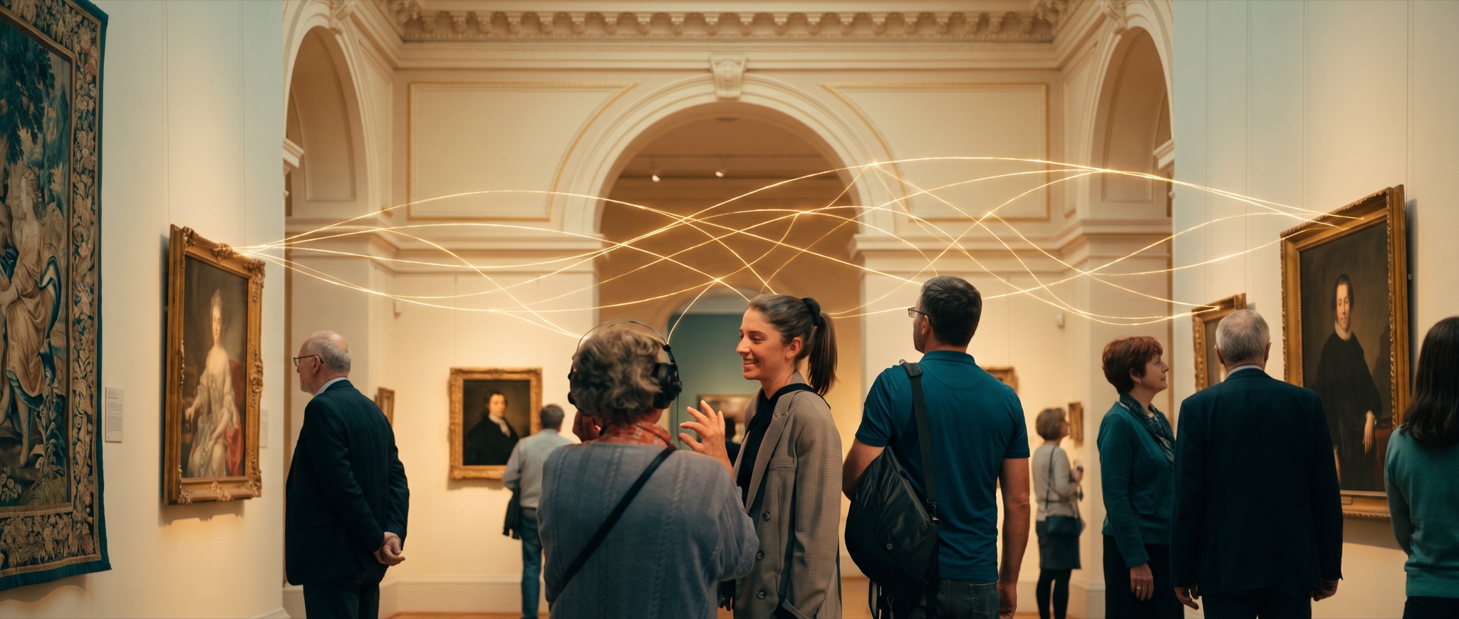 A museum gallery with visitors, interwoven with glowing threads of light — responsible AI in culture